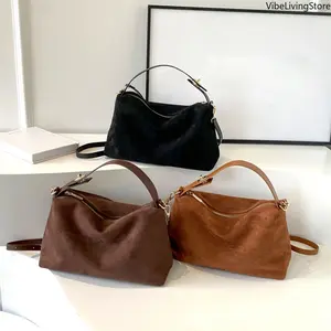 2026 Autumn Winter Fashion Women's Handbag, Large Boston Tote, Soft Matte Genuine Suede Cow Leather, Adjustable Strap Shoulder Crossbody Bag, Vintage Commuter Bag, Grey Brown, Crossbody Bags For Women, Leather Women's Handbags