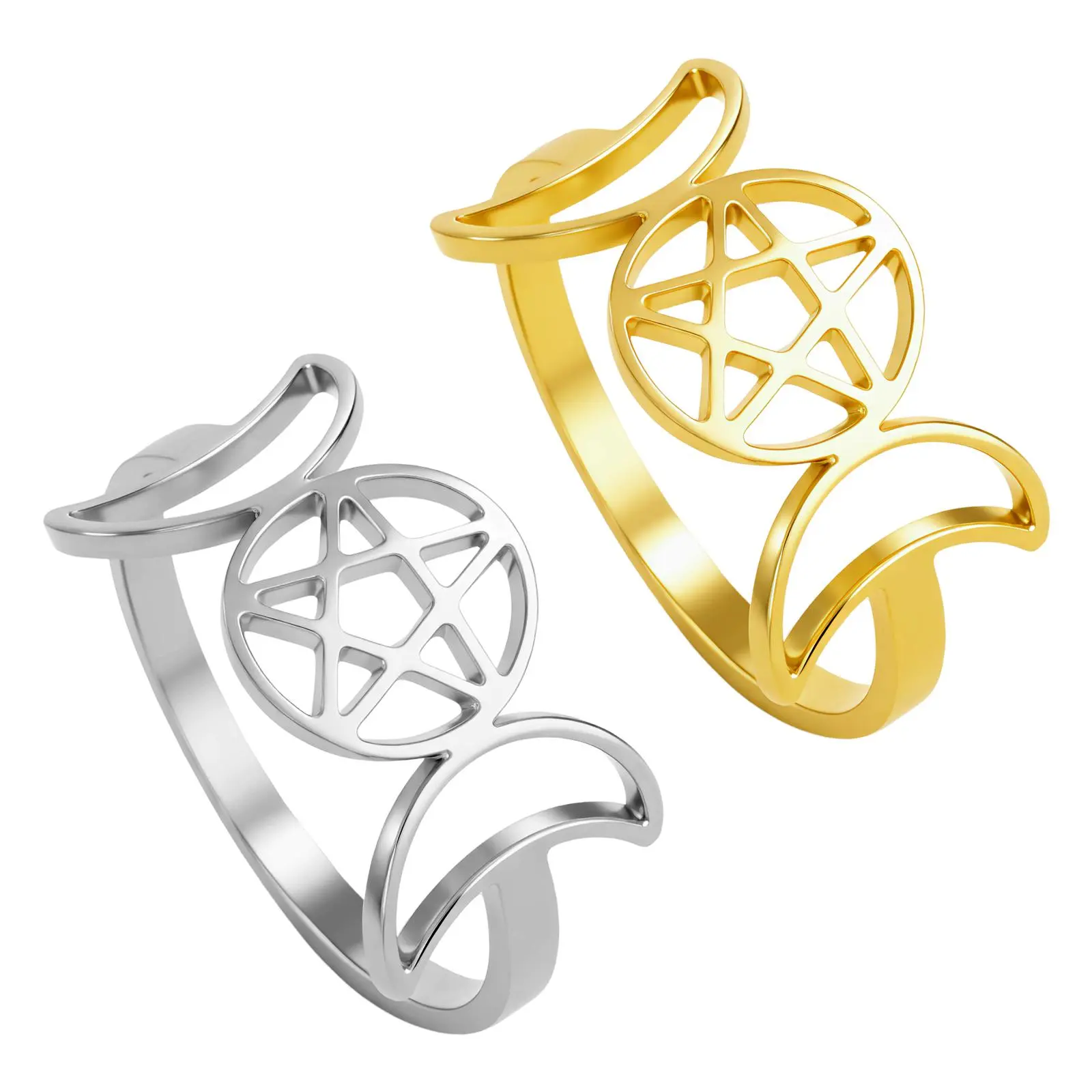 OIDEA Women's Witchy Jewelry Ring - 0.38in (9.76mm) Hypoallergenic Stainless Steel Band, Anti-Rust, Cutouts, Mystical Symbol Design, Pentagram Amulet, Triple Moon Goddess Symbol, Pagan Costume Jewelry