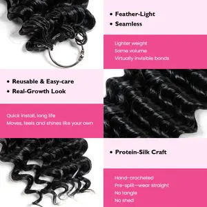 Women’s handmade slightly curled crochet protein hair extensions, deep waves, pre-sectioned feather crochet design, premium protein fiber, curly texture, soft and skin-friendly, suitable for everyday wear and styling