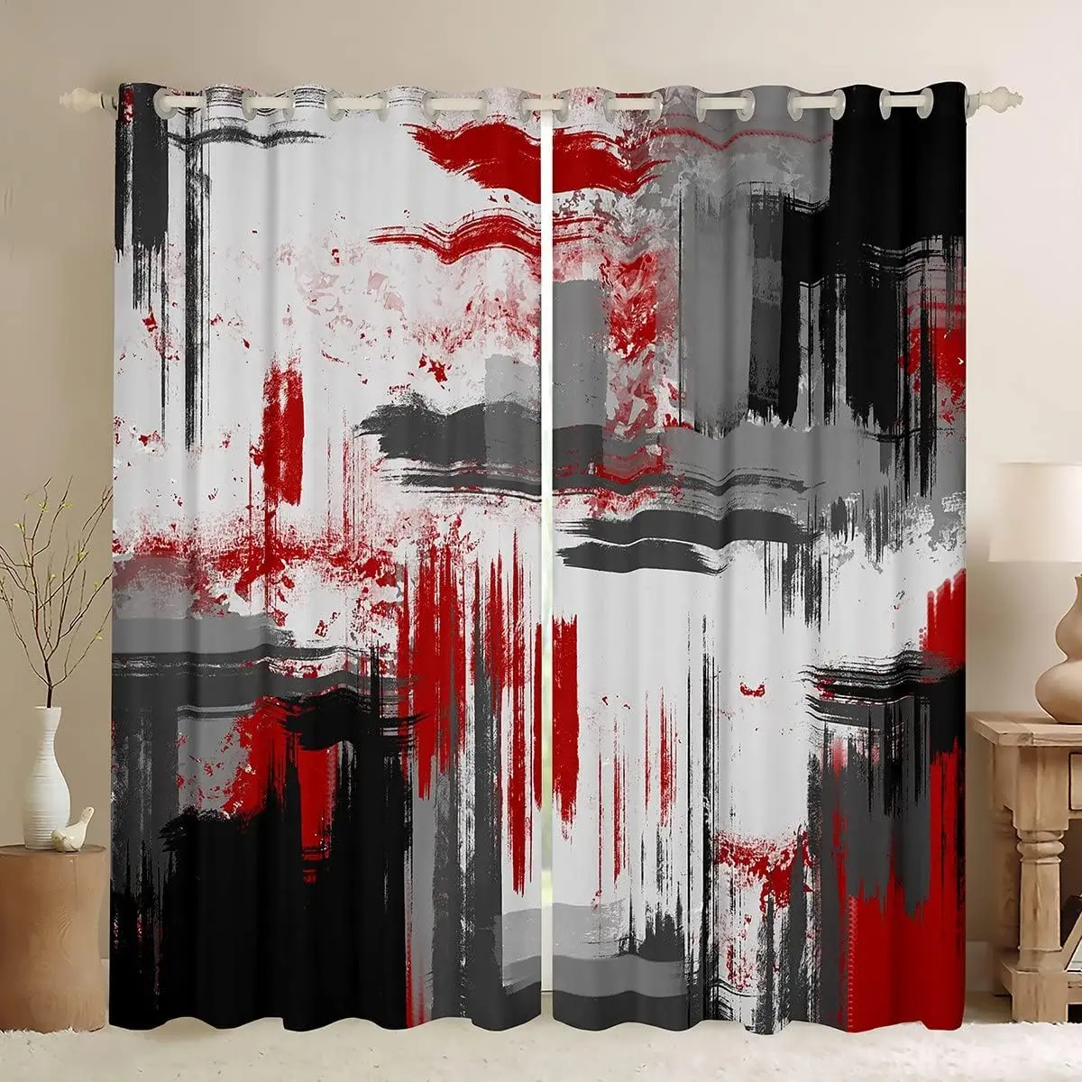 Feelyou Velvet Fabric Pattern Blackout Curtains, Modern Abstract Art Darkening Drapes with Red-Grey-Black Pattern, Fancy Window Treatments for Bedroom, Living Room, Fabric Pattern Curtains