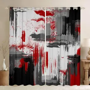 Feelyou Velvet Fabric Pattern Blackout Curtains, Modern Abstract Art Darkening Drapes with Red-Grey-Black Pattern, Fancy Window Treatments for Bedroom, Living Room, Fabric Pattern Curtains