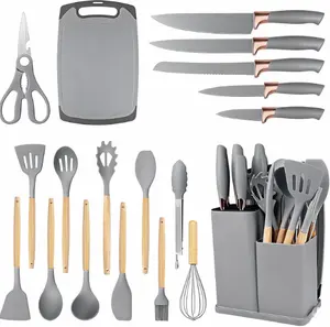 Kitchen utensil set with knife holder, wooden handle heat-resistant silicone cookware, chef's knife, cutting board, scissors, pasta spoon, whisk, ladle, tongs, and funnel (black/pink/white/gray), kitchen gadgets with sheath and knife rack, storage kitchen