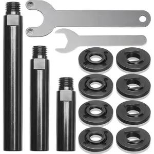 Angle Grinder Attachments Kit with 3 Extension Rods (5.5"/4"/3"), Multiple flange nut assemblies and wrench tools, universal 5/8"-11 thread fit for various grinder brands and models.