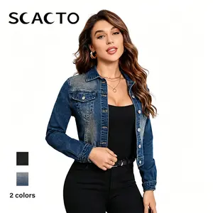 Scacto Women's color-block denim jacket, drop-shoulder denim jacket, casual jacket with pockets, suitable for all seasons. Spring Womenswear Blouses