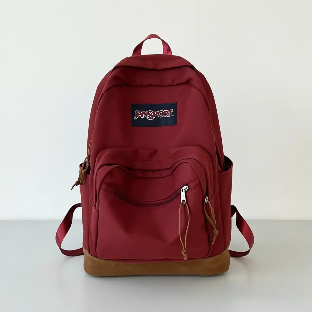 JanSport Unisex Burgundy Water Resistant Backpack - Rich Wine Red Student Bag with Leather Detailing, Zipper Closure, Ideal for University, Travel