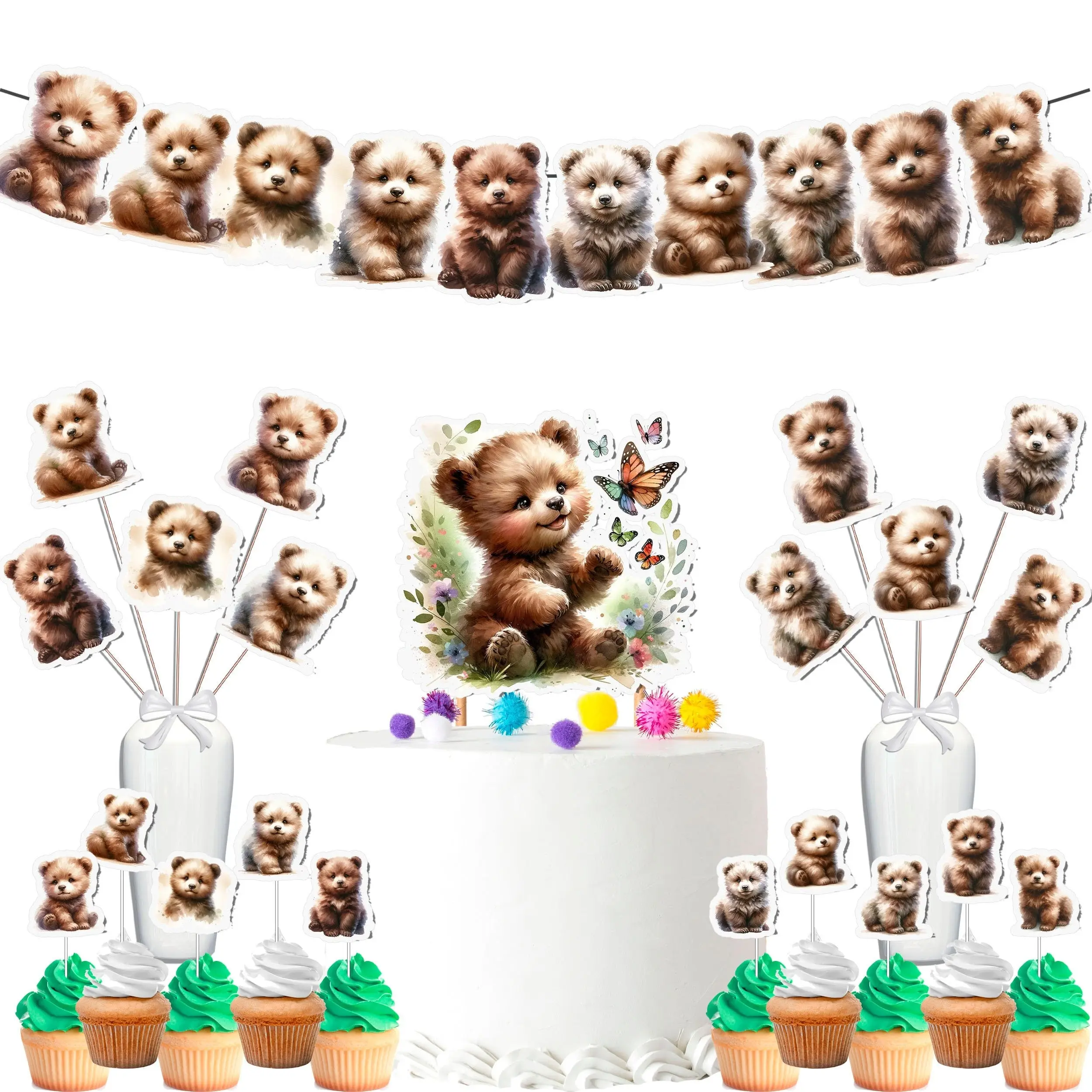 Cuddly Bear Party Decor Set - Adorable Cake Topper, Cupcake Toppers, Centerpieces & Banner - Cozy & Cute for Baby Showers & Birthdays