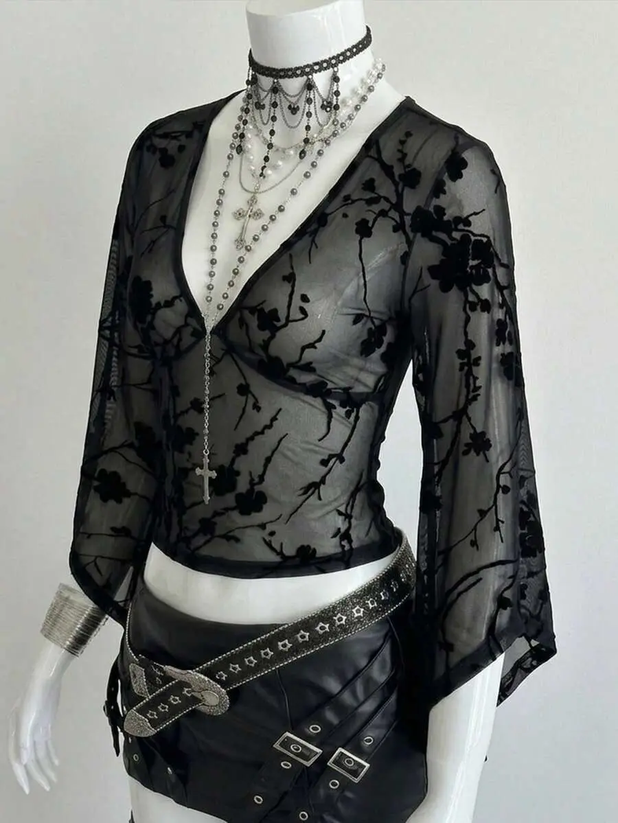 Sexy Flocked Burnout Sheer Top, Nightclub Hip-Hop Hot Girl Style