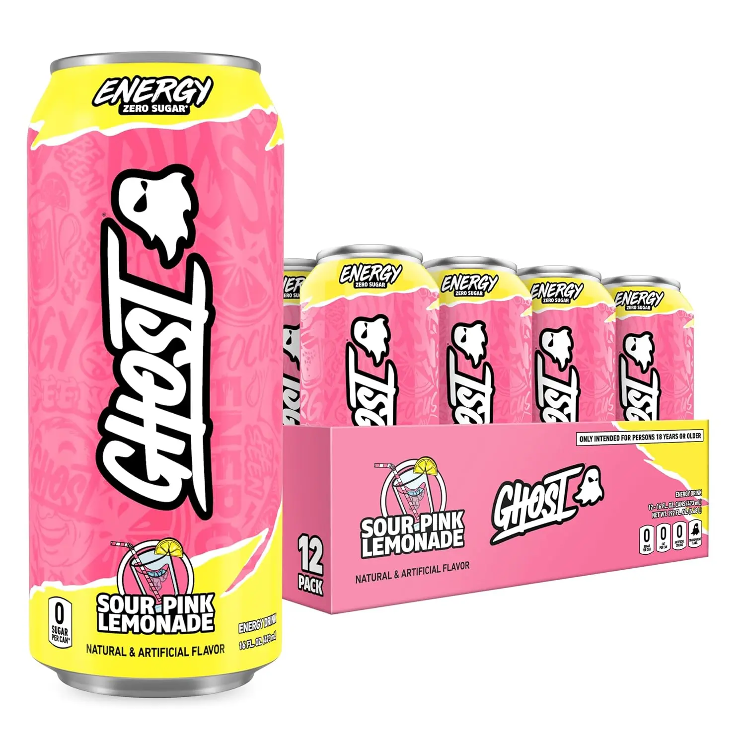 GHOST Energy Drink Beverage - 12-Pack 16oz Cans, Sour Pink Lemonade Flavor - 200mg Natural Caffeine, L-Carnitine, Taurine - Boosts Energy & Focus, No Artificial Colors, Gluten-Free, Vegan
