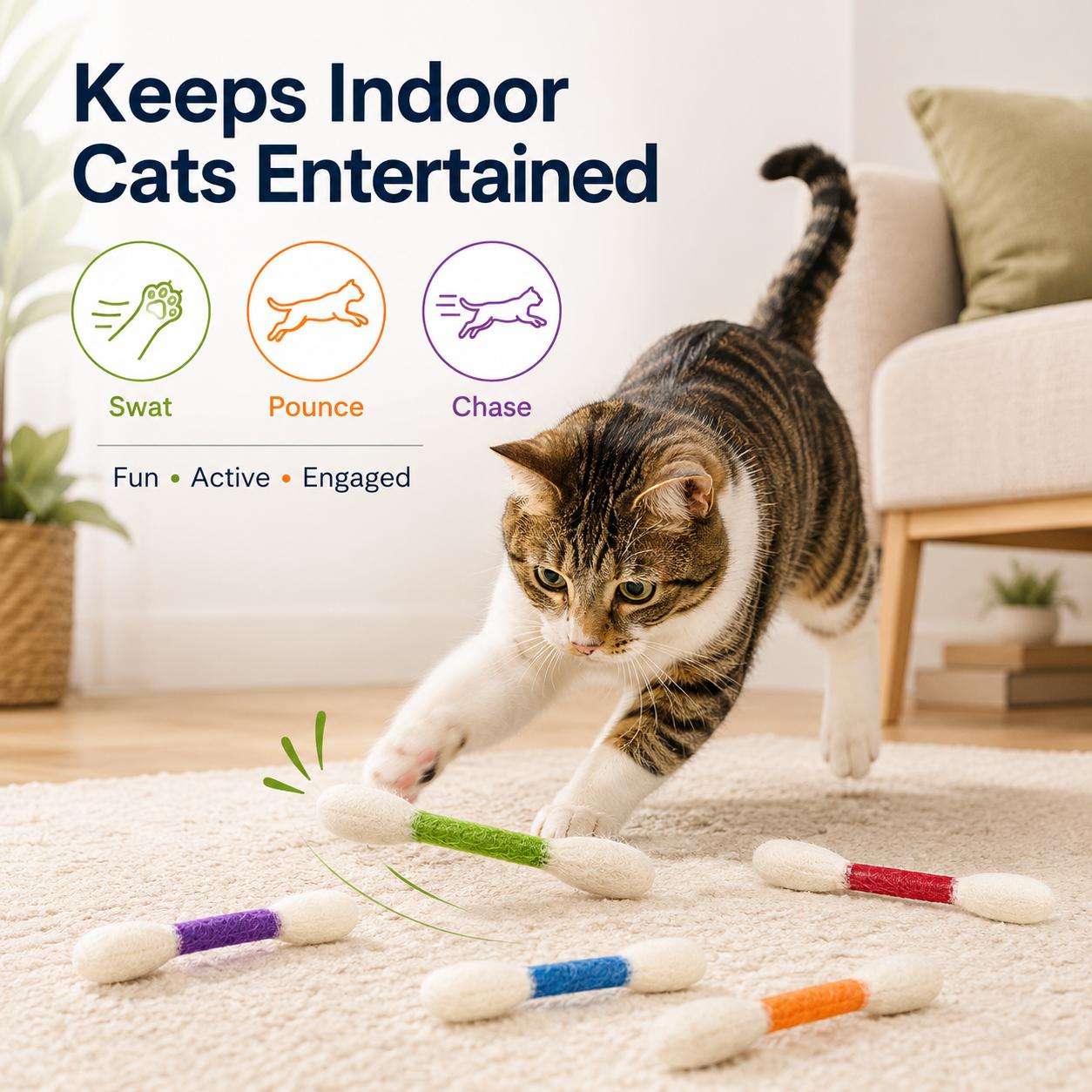 6-Pack Giant Q-Tip-Shaped Cat Toys, Soft Felt Cotton Swab Teething Sticks, Durable Interactive Play Indoor Use Pet Accessories for Kittens, Dental Cleaning, Anxiety & Boredom Relief Daily Entertainment Gifts