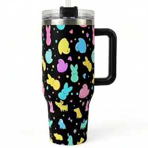 Cute Easter 40oz Tumbler with Handle - Colorful Marshmallow Bunny & Chick Insulated Cup - Perfect Easter Basket Stuffer & Spring Gift for Her,Must-Have Holiday Gift for Bestie |   Leak-Proof Travel Cup,Aesthetic Pastel Candy Insulated Water Bottle