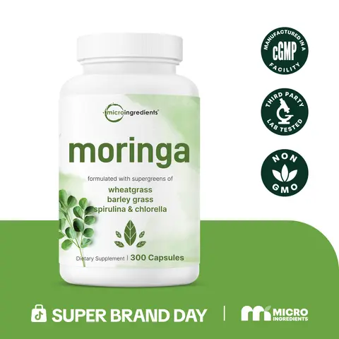 Moringa Oleifera, 300 Capsules with Supergreens Blend of Wheatgrass, Barley Grass, Spirulina, & Chlorella