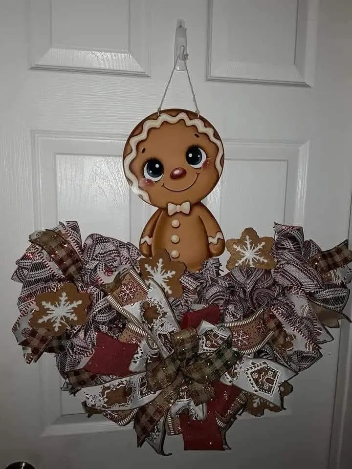 Gingerbread Boy Christmas Door Hanger with Festive Bow and Snowflake Accents for Holiday Decor