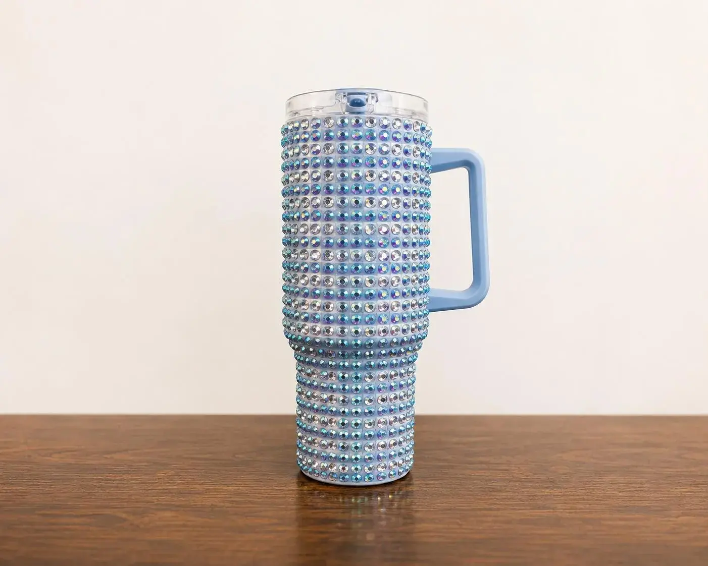 Baby Blue and Crystal Checkered Rhinestone Tumbler | 40 oz Handmade Bling Cup with Handle