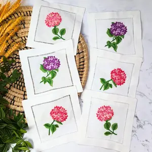 Mix Hydrangea Embroidered Cocktail Napkins 6"x6" Set of 6 Cloth Napkin Coasters