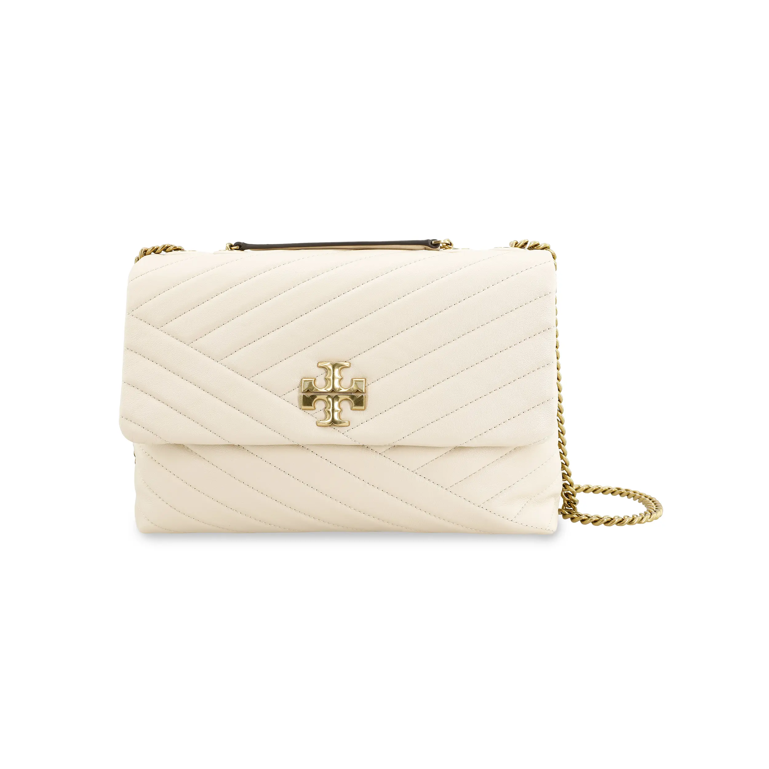 Women's Tory Burch Kira Convertible Fashionable Leather Shoulder Bag - Chevron Quilting, Chain Strap, Cream White, Fashionable Shoulder Bag