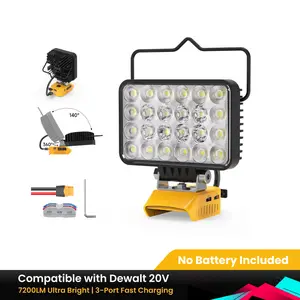 72W Cordless LED Work Light Compatible with Dewalt 20V Battery, 7200LM Super Bright Flashlight with USB-A & Type-C Fast Charging, Adjustable Angle, Safe Adapter, Ideal for Job Sites, Camping, Emergency (Battery Not Included)