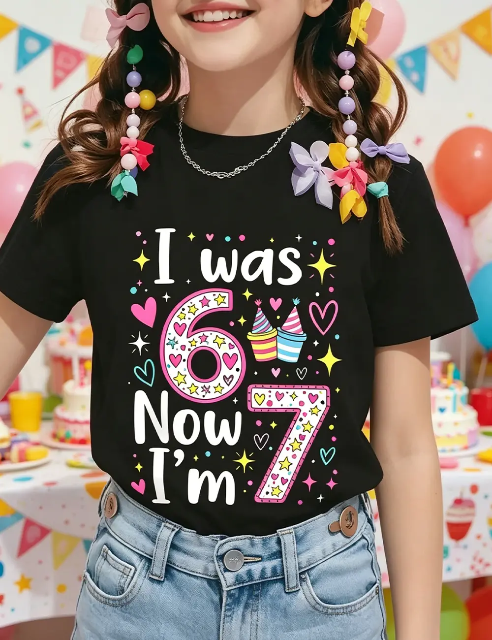 67 Shirt, 67 Shirt Girls, 7 Year Old Girl Birthday Gift Tshirt I Was Six Now Seven Colorful Confetti Heart Star Graphic Kids Birthday Party Supplies Top