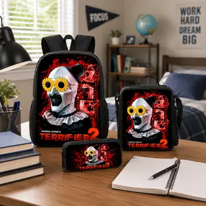 Terrifier Backpack Set 3Pcs Polyester School Bag Lunch Bag Pencil Case Horror Clown Print Large Capacity Back To School Travel For Boys Girls Teens