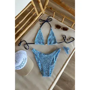 Shirred Minimal Full-Coverage Bikini Bottom - Shirred Bikini Set Component with Dream Flower Print for Sports & Outdoor Swimwear