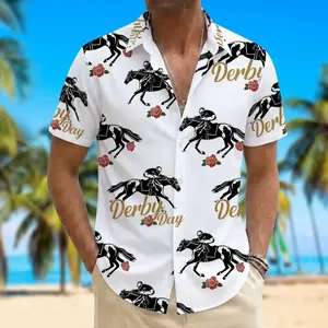 Kentucky Derby Day Button Shirt – Horse Racing Hawaiian Shirt for Men, Summer Beach Shirt, Casual Vacation Outfit, Derby Party Outfit