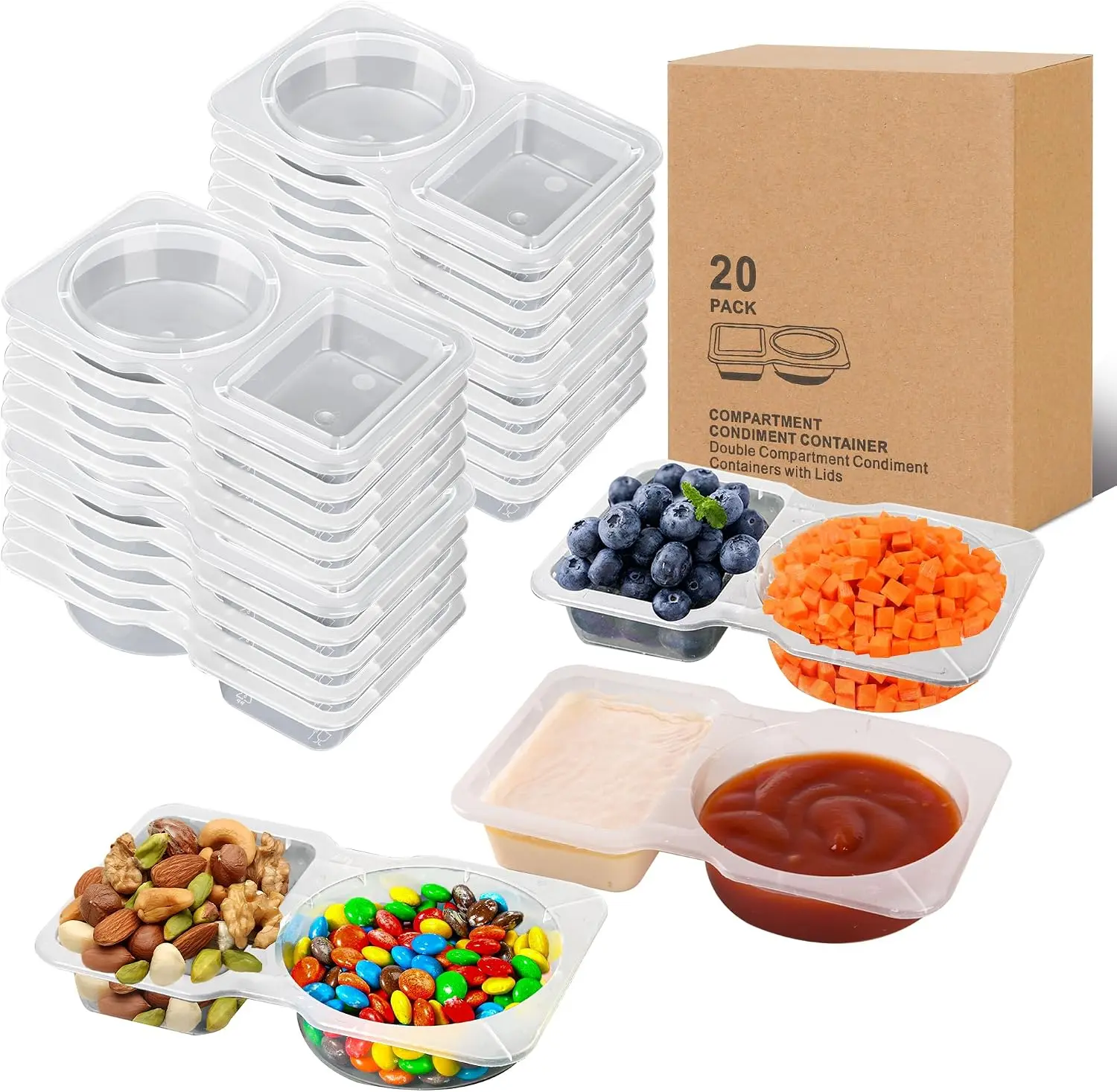 Portion Control Snackle Box With Lids, 20 Sets 2 Grid Reusable Food Storage Containers