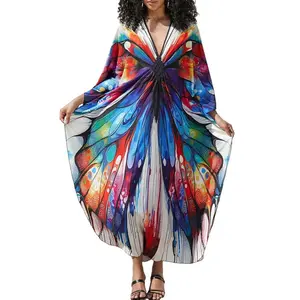 Bsubseach Women Ethnic Print Kaftan Beach Dress Plus Size Swimsuit Cover Up