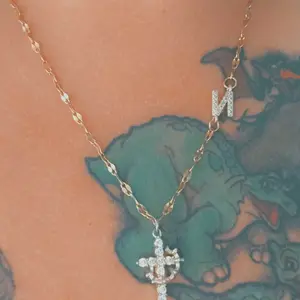Women's Stainless Steel Statement Letter Necklace with Zirconia Cross Crown Initial Pendant, Casual Fashion Lip Chain Jewelry for All Seasons