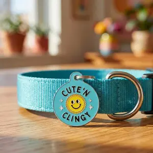 Personalized Dog Tag Small, Large - "Cute N Clingy" - Engraved Enamel Pet ID *Blue