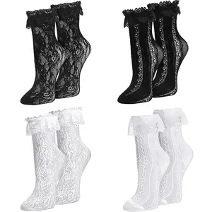 4 Pairs Lace Ruffle Socks for Women, Frilly Coquette Crew Socks Vintage Hollow Out Mesh Fishnet Ankle Socks Pack