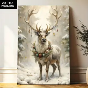 Winter deer antlers and snowy forest scene - Elegant brown, gold, white, green, blue tones - Ready to hang Christmas wall decoration, suitable for living room, bedroom, office ,Wood frame canvas painting