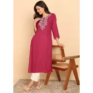 Pink Solid Straight Rayon Stitched Kurta