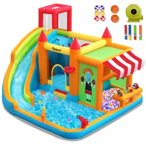 FBSPORT Inflatable Bounce House Water Slide, Bounce House for Kids with Toy Market Stand Splash Pool Bouncer Climbing Wall Water Gun Ball Dart, Bouncy Castle W/620W Blower for Outdoor Indoor, Red, Summervibes