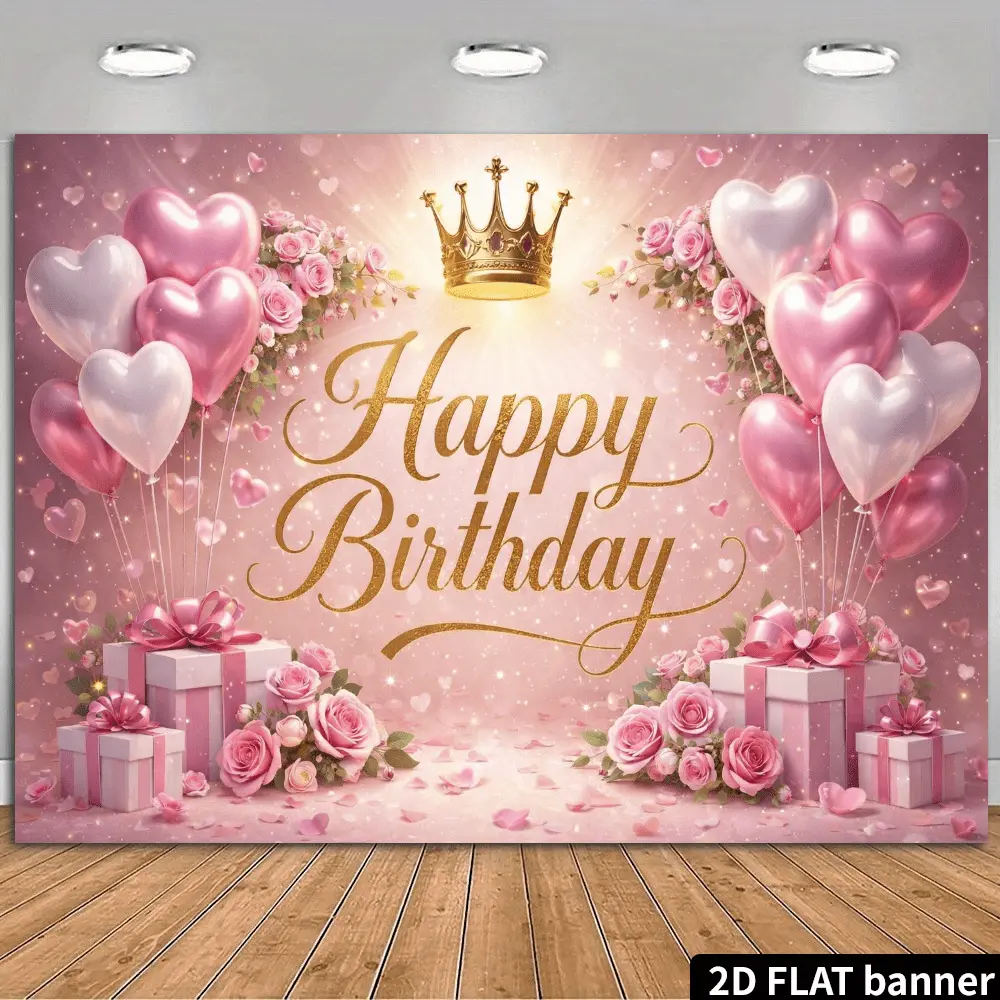 2D Flat Wreath Crown Birthday Backdrop - Features a Pink and Golden Gradient Base with a Pink Rose Wreath, Golden Crown, Pink and White Heart-shaped Balloons, and Gift Boxes, Accented with Hear
