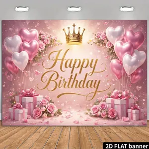 2D Flat Wreath Crown Birthday Backdrop - Features a Pink and Golden Gradient Base with a Pink Rose Wreath, Golden Crown, Pink and White Heart-shaped Balloons, and Gift Boxes, Accented with Hear