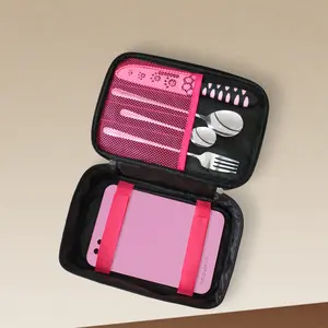 MEOWKIT 6PCS Black & Pink Outdoor Tableware Set with Cat Paw Prints Portable Picnic Utensils for Travel Camping Stainless Steel Fork Spoon & PU Travel Pouch outdoorfun