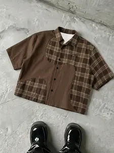 Men's Brown Plaid Patchwork Short Sleeve Button-Down Shirt, Y2K Streetwear Casual Top For Summer Daily & Street Style Outfits