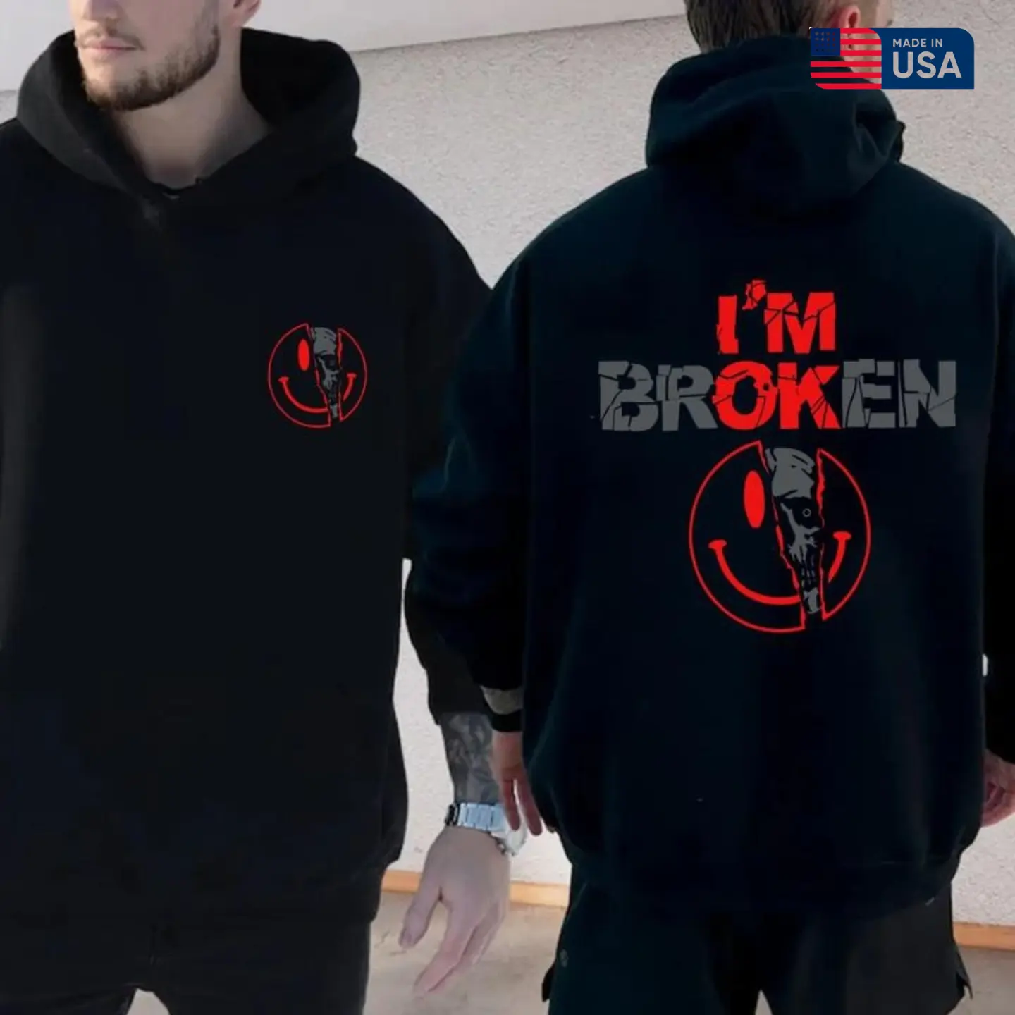 New Design  2 Sides I'm Broken Hoodie, Horror Smile Face Hoodie, Broken Heart Sweatshirt, Unisex Shirt, Unisex Sweater Pullover Tee, Gift For Him, Trending Tshirt, Sweatshirt, Hoodie