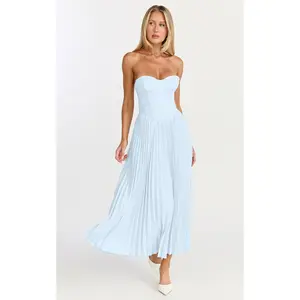 Loretta Midi Dress - Lace Up Back Bustier Pleated Dress in Light Blue