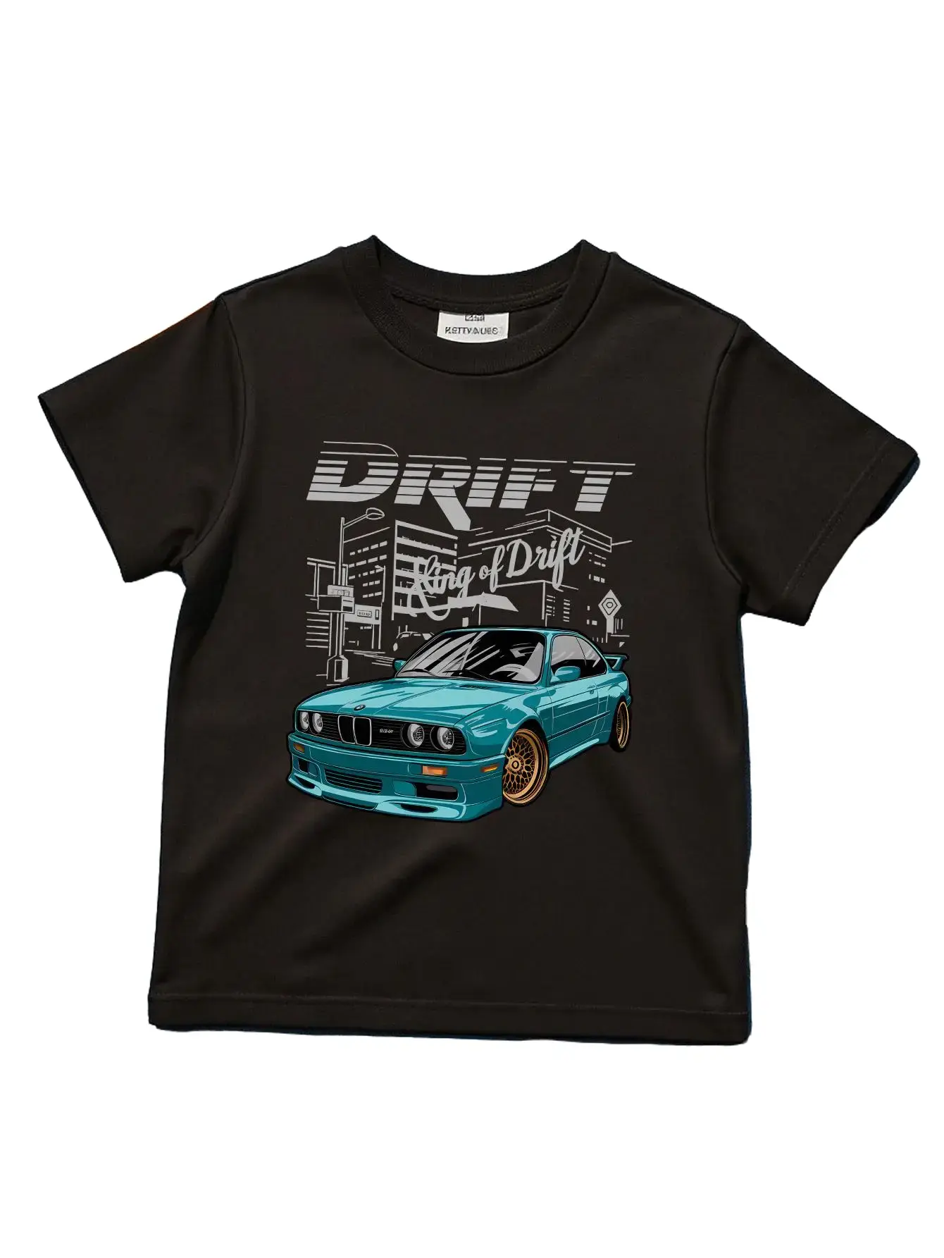 Boys' "King of Drift" Sports Car Short Sleeve Cotton T-Shirt, Retro Drift Graphic Tee