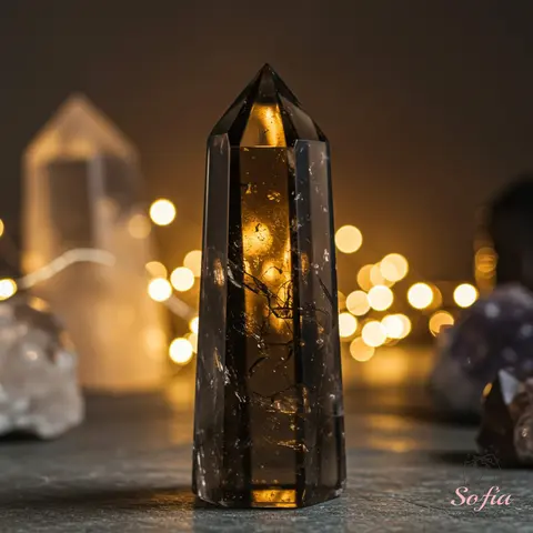 Sofia Natural Smoky Quartz Single Point Tower Wand, 3 in Handmade Crystal Decor, Crystal Decorative Ornaments for Home Desk Meditation Mineral Specimen, Tabletop, Tower Shape