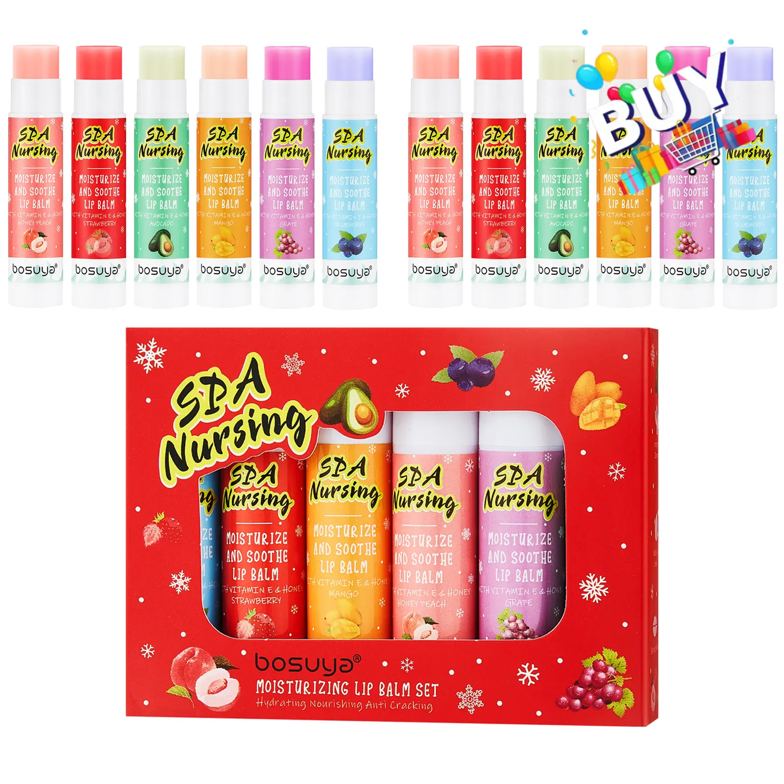 12 Pack Mini Lip Balm Bulk Christmas Holiday Gift Set - 12 Lip Balms 6 Flavors Hydrating Lip Care for Winter, Dry Lips, Gifts for Women & Men