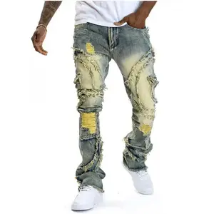 Men's Distressed Flared Tassel Stretch Jeans Menswear Pants