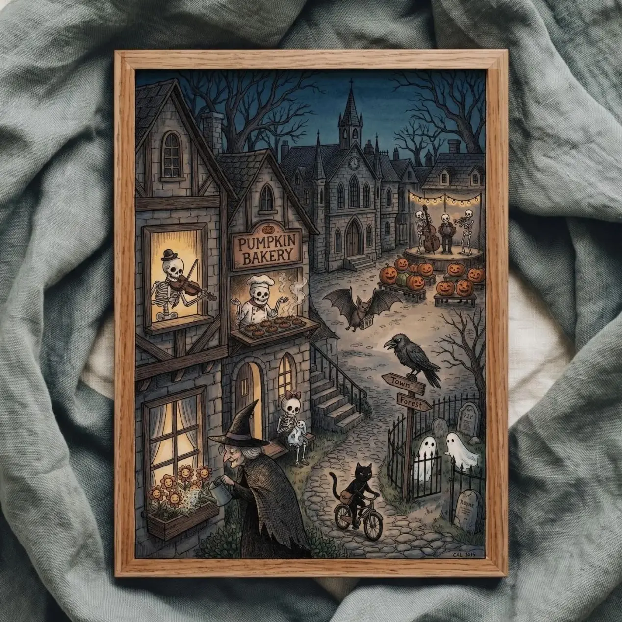 The Haunted Old Town Vintage Halloween Poster, Retro Halloween Printable Art Print, Witch Ghost Skeleton Black Cat Pumpkin Spooky Wall Art 9