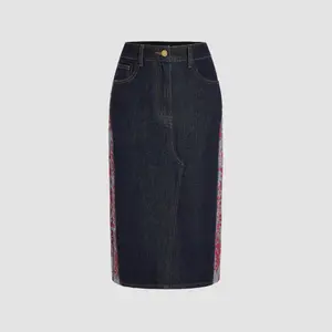 Cider [size 0-10] Middle Waist Floral Patched Denim Maxi Skirt