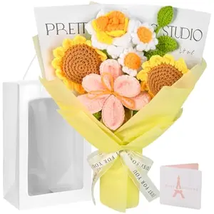 Crochet Flower Bouquet, Crochet Flowers Handmade Yellow Roses Sunflowers Bouquet, Romantic Gift for Her, Wedding, Anniversary, Birthday Gift for Women Wife Lover Friends (Sunflower)