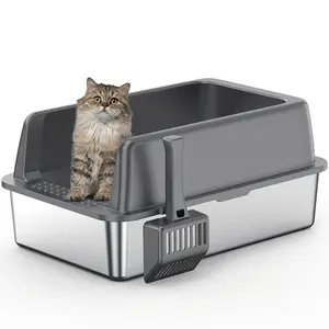 23" Large Stainless Steel Kitty Cat Litter Box with a hood Lid Scoop for Big Cats with High Sided Semi-Enclosed Grey Non-Sticky Easy to Clean Litterbox