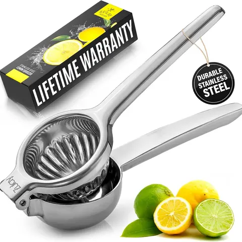 Extra Large Stainless Steel Lemon Squeezer - Heavy-Duty Citrus Juicer for Oranges, Lemons & Limes - Ergonomic Hand Press with Built-In Strainer