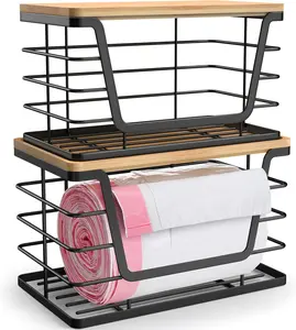 2 Pack Stackable Kitchen Storage Organizers with Bamboo Top, Trash Bag Holder & Dispenser for Countertop, Laundry & Cabinet Organization