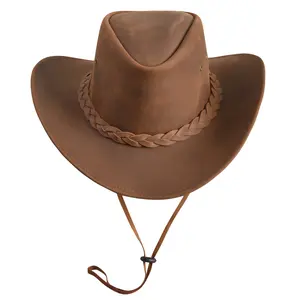 Western Style Brown Leather Cowboy Hat with Wide Brim for Men and Women Classic Design