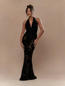 MISSGUIDED Sheer Velvet Lace Cowl Halter Neck Backless Flare Hem Maxi Dress